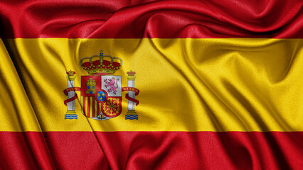 Obraz premium Close up realistic texture fabric textile silk satin flag of Spain waving fluttering background. National symbol of the country. 12th of October, Happy Day concept 