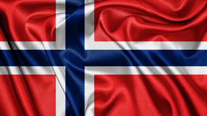 Fototapeta premium Close up realistic texture fabric textile silk satin flag of Svalbard and Jan Mayen waving fluttering background. National symbol of the country. 1st of January, Happy Day concept