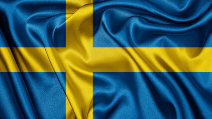 Close up realistic texture fabric textile silk satin flag of Sweden waving fluttering background. National symbol of the country. 6th of June, Happy Day concept
