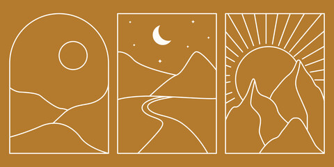 Linear landscapes in boho style. Bohemian logos: desert, mountains, hills in a trendy minimalistic style. Sun and moon, sunset. Travel Emblems. Branding design templates. Stock vector illustration. © Anna