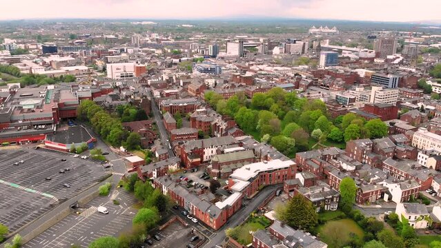 Panoramic aerial view of Preston city centre as seen from above Avenham park