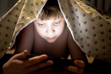 A cute little teen boy hides under a blanket and watches a fairy tale about magical worlds on a tablet