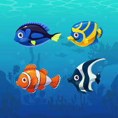Obraz na płótnie Canvas Tropical fish set. Vector cute fish icons.