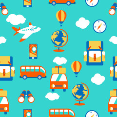 cheerful pattern with the image of a tourist set, summer holidays and travel