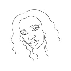Face of an Afro American woman in a modern abstract minimalist one line style with minimal shapes. Continuous black line of an African girl simple drawing. Isolated on white. Vector illustration.
