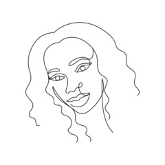 Face of an Afro American woman in a modern abstract minimalist one line style with minimal shapes. Continuous black line of an African girl simple drawing. Isolated on white. Vector illustration.