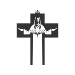 Christian illustration. Church logo. Jesus Christ on the background of the cross.