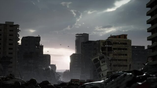 War in Ukraine. The ruined city, debris of buildings, smoldering parts of Mariupol city structures. Fighting tanks drive through the occupied city, helicopters fly in the sky. The horror of war these