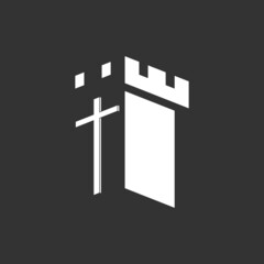 Christian illustration. Church logo. The cross of Jesus Christ against the backdrop of the fortress
