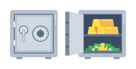 Two bank safes, one closed the other open with money and gold bars. Vector illustration. - obrazy, fototapety, plakaty