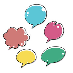 Set of color speech bubbles. Cartoon Vector illustration. Isolated on transparent white background. Hand draw style, dialog clouds