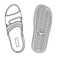Pair of flip flops, summer time vacation attribute, slippers, shoes, sketch style vector black and white illustration isolated on white background. Hand drawn flip flops, sandals, symbol of summer. 