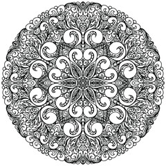 drawn oriental mandala with floral ornaments on a white background for coloring, vector coloring page