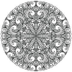 drawn mandala with plants and abstract oriental ornaments on a white background for coloring, vector coloring page