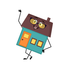 Cute house character with glasses and happy emotion, face, smile eyes, arms and legs. Building man with funny expression, funny cottage. Vector flat illustration
