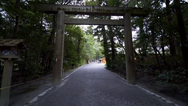 Cinematic gimbal shot of Shinto Shrines at Ise Jingu in Mie prefecture, Japan