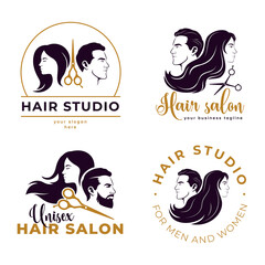 Set of unisex hair salon logotype. Face man, woman, and  silhouette scissors.  - obrazy, fototapety, plakaty