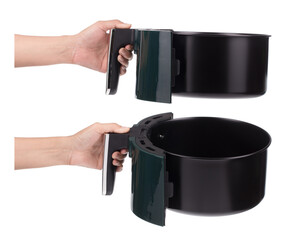 Collection hand holding Air fryer Isolated on White Background.