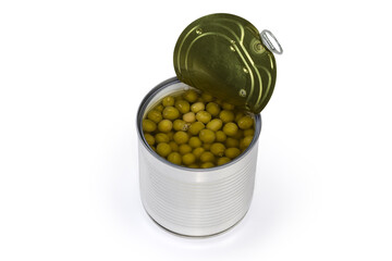 Canned green peas in the open round tin can