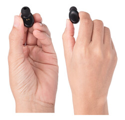 Collection Hand holding bluetooth headphones for mobile audio isolated on white background.