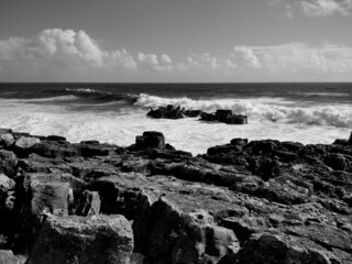 Coast of the Atlantic Ocean.  Black and white image.