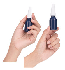 Set of hand holding dropper bottle isolated on a white background.