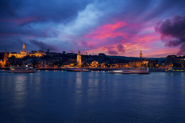 Danube River at blue hour twilight in city of Budapest, Hungary,