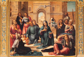 VALENCIA, SPAIN - FEBRUAR 14, 2022: The painting of Pentecost on the main altar  in the Cathedral  by Fernando Yanez de la Almedina and  Hernando de los Llanos (1506 - 1510).