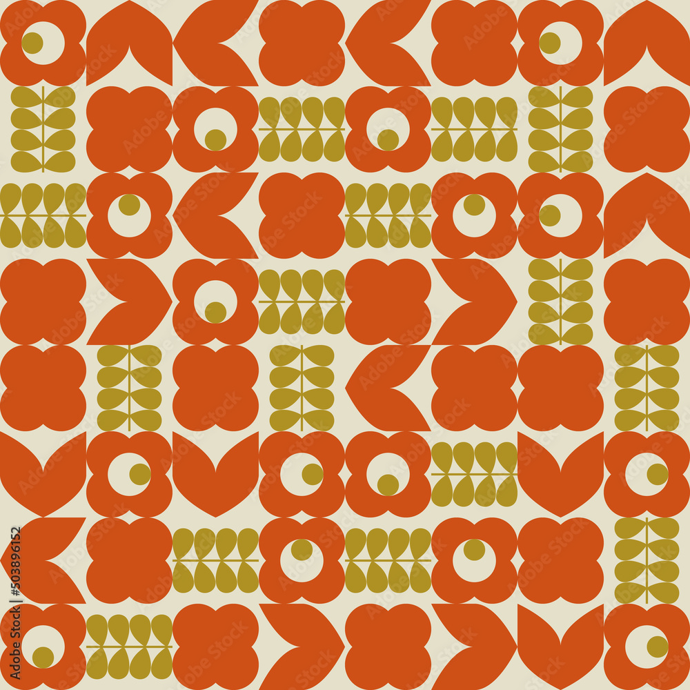 Poster Modern vector abstract  geometric background with stylized flowers, leaves and stems  in retro scandinavian style. Pastel colored simple shapes graphic seamless pattern.