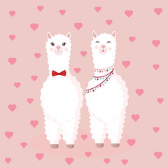 Vector illustration with a loving couple on a pink background with hearts. Suitable for baby texture, textile, fabric, poster, Valentines day card, decor. Cute alpaca from Peru.