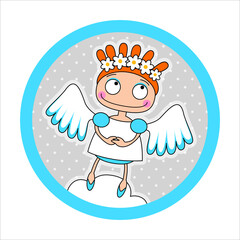 Vector icon round shape with cartoon comic girl dressed as a angel on a grey background with polka dots.