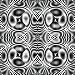 Naklejka premium Abstract hypnotic pattern with black-white striped lines. Psychedelic background. Op art, optical illusion. Modern design, graphic texture.