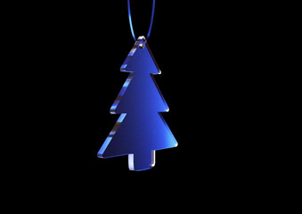Glass blue toy Christmas tree on black background 