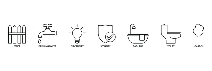 real estate icon set fence, bathtub, toilet, fence, drinking water, electricity, security