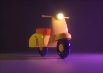 Yellow bike on a purple background with a flashlight 3d render