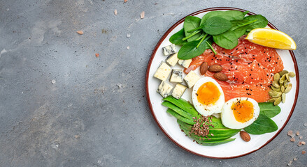 Fototapeta na wymiar Ketogenic diet breakfast. salmon, avocado, cheese, egg, spinach and nuts. Healthy fats, clean eating for weight loss. Long banner format. top view