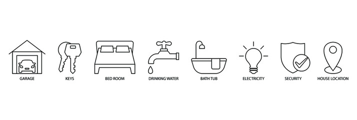 real estate icon set Garage, bedroom, bathtub, house location, keys, drinking water, electricity, security, 