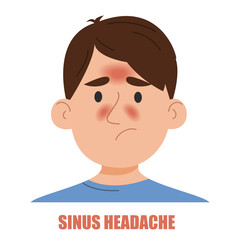 Obraz premium Sinus headache vector isolated. Illustration of a man suffering from the headache caused by sinusitis or allergy. Nasal infection. Sad face.