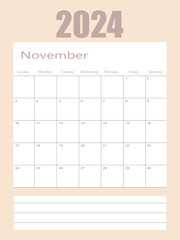 2024 November illustration vector desk calendar weeks start on Monday in light green and white theme