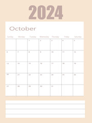 Calendar October 2024 schedule with blank note for to do list on paper background. Planner October 2023. Empty cells of planner. Sunday start. half letter. Monthly organizer. Calendar 2024