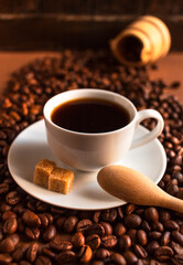 White porcelain espresso coffee cup with saucer on brown background.