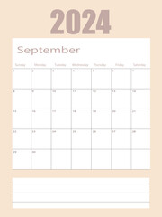 September 2024 planner calendar vector illustration, simple and clean design.