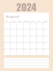 August month 2024 calendar. Vector EPS 10. Isolated on white background