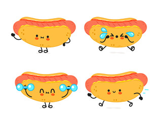 Funny cute happy hotdog characters bundle set. Vector hand drawn doodle style cartoon character illustration icon design. Cute happy hotdog mascot character collection