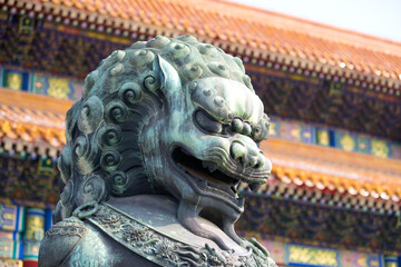 Stone lion in front of Taihe gate of the Forbidden City in Beijing