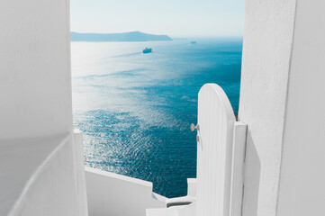 White architecture on Santorini island, Greece. Summer landscape, sea view. Travel and summer vacations concept - obrazy, fototapety, plakaty