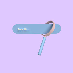 Search bar and magnifying glass on pink background. Searching information data on internet networking concept. 3d illustration