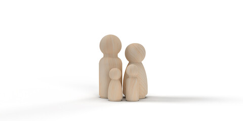 Family member's wooden peg doll on white background. family relationship family home foster care Homeless Charity Support Idea family mental health international family day with copy space