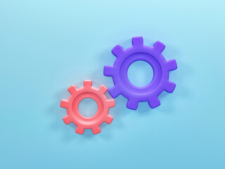 3D rendering, 3D illustration. Gear wheels. cogs and gears mechanism on blue background.