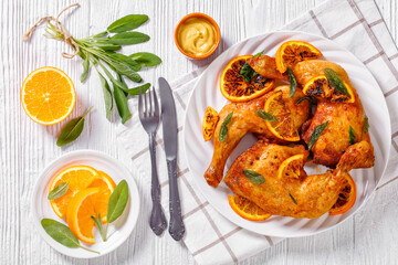 Grilled Orange roast Chicken legs with sage